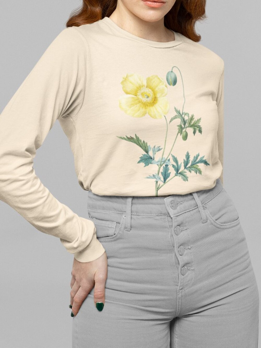 Welsh Poppy Vintage Floral Print Long Sleeve Graphic Tee T-shirt S-XXL